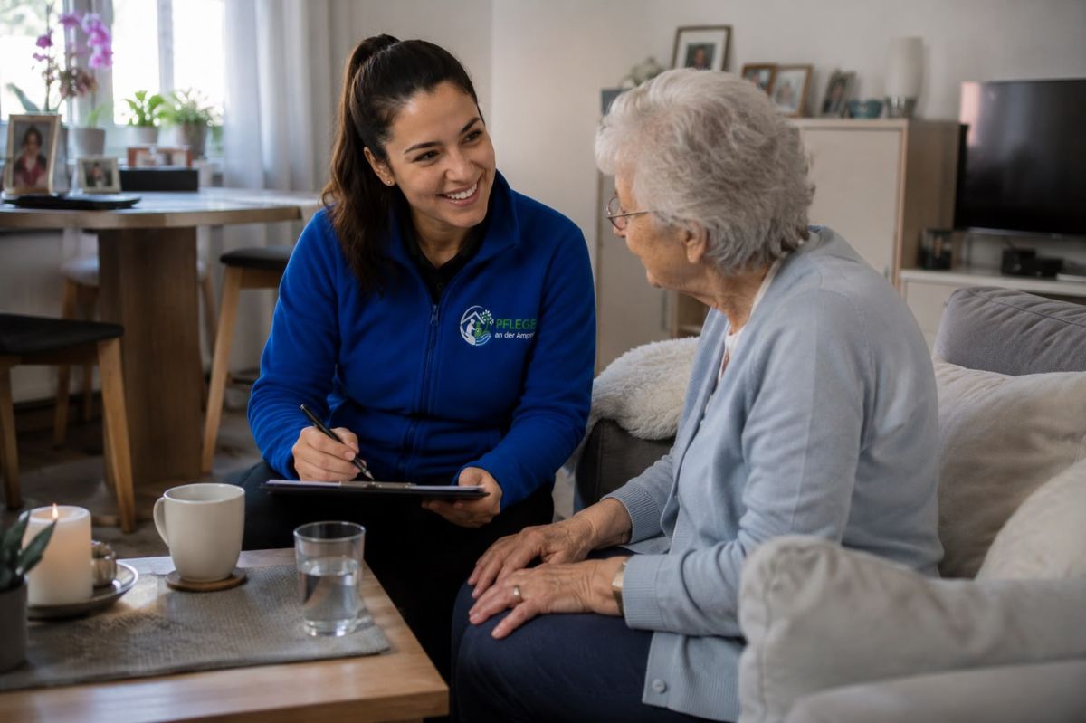 Eine Pflegekraft von Pflege an der Amper bespricht im Wohnzimmer mit einer älteren Dame die Versorgung.